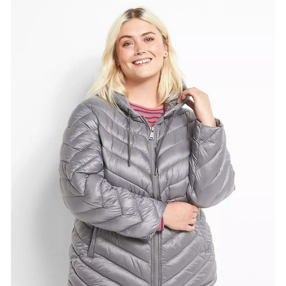 Lane Bryant Prima Puffer Jacket Long Zip Up Coat Warm Gray Silver Size 22/24